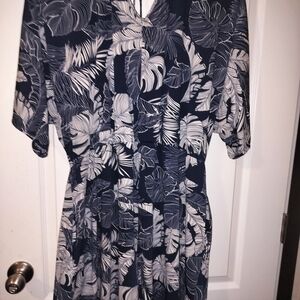 White Birch Navy and White Leaf Print Romper